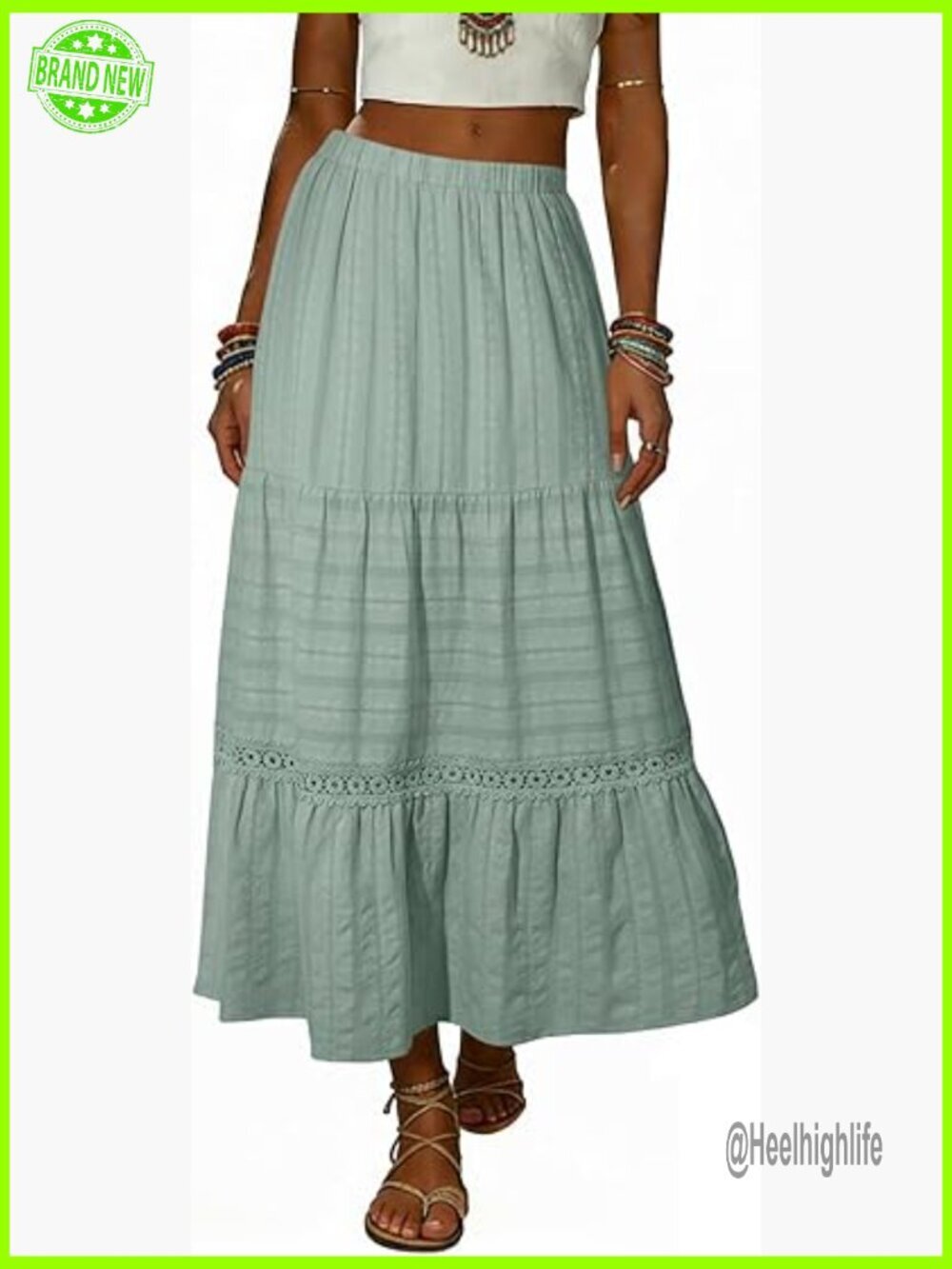 Boho Crochet Lace Maxi Skirt High Waisted A-Line Tiered Cotton